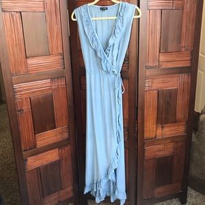Chambray Denim Wrap Tie Ruffle Dress